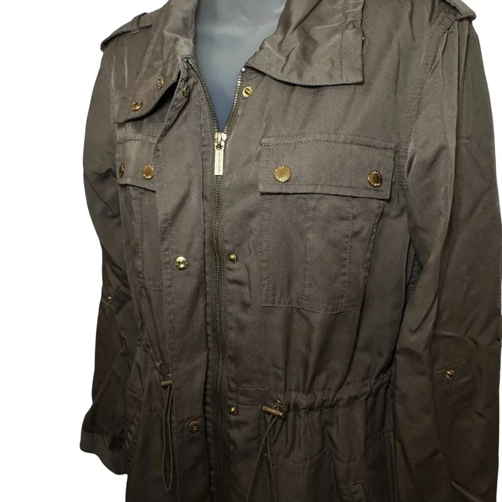 Michael Kors Anorak Coat Jacket Drawstring Waist Khaki Green Gold‎ Hardware XS - Picture 6 of 11
